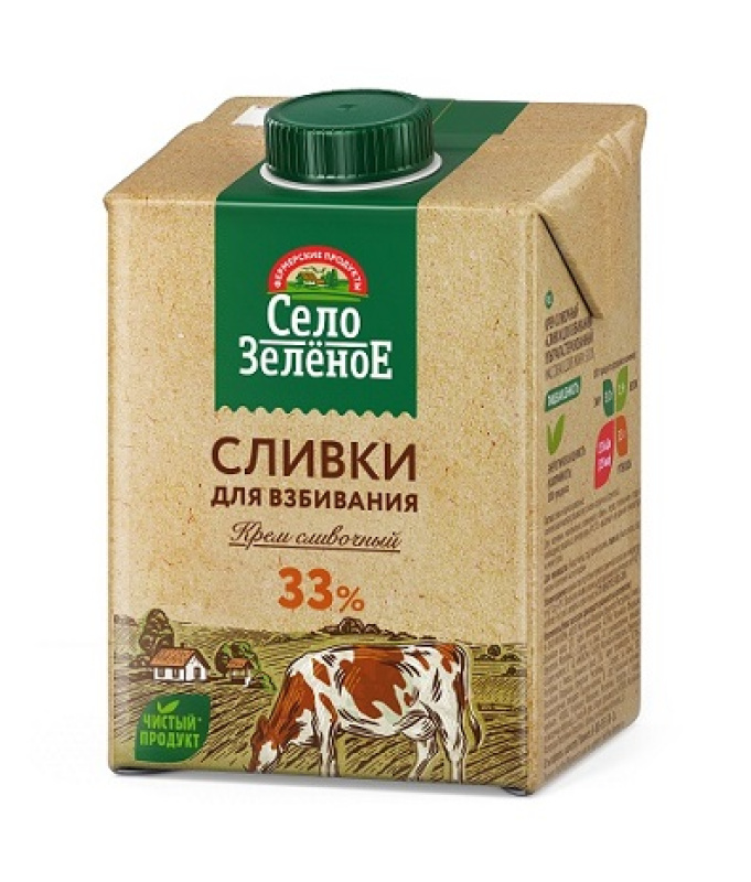 Сливки 33% Село зеленое 0,5л, Россия