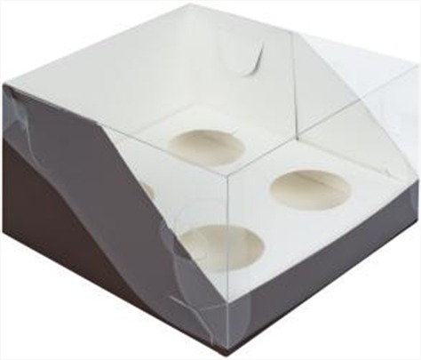 Коробка для 4 капкейков ПРЕМИУМ С ПЛАСТИКОВОЙ КРЫШКОЙ,160*160*100, шоколад,РК,шт